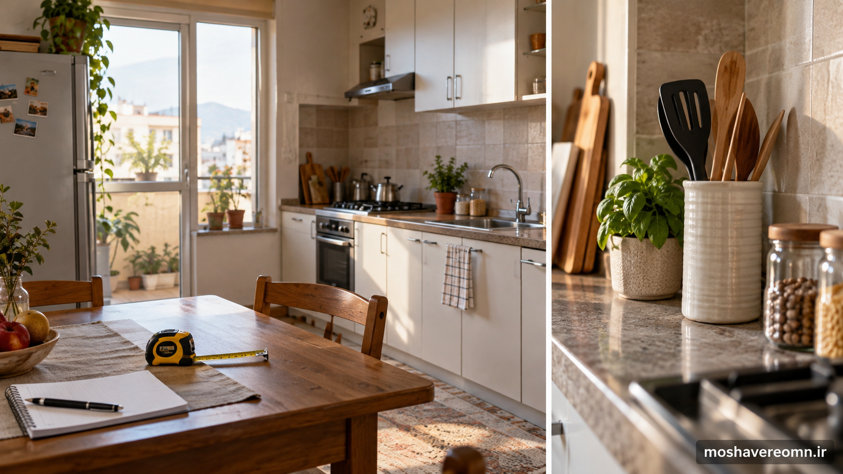 نمایی نمونه از کابینت‌های آشپزخانه و پیشخوان خلوت، با متر روی میز برای بررسی ابعاد